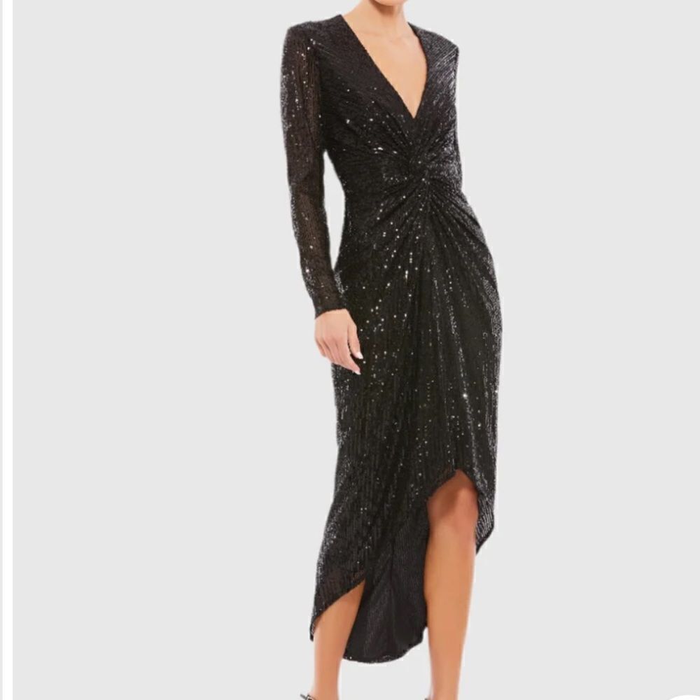 Mac Duggal Sequined Hi-Lo Front Twist Midi Dress
